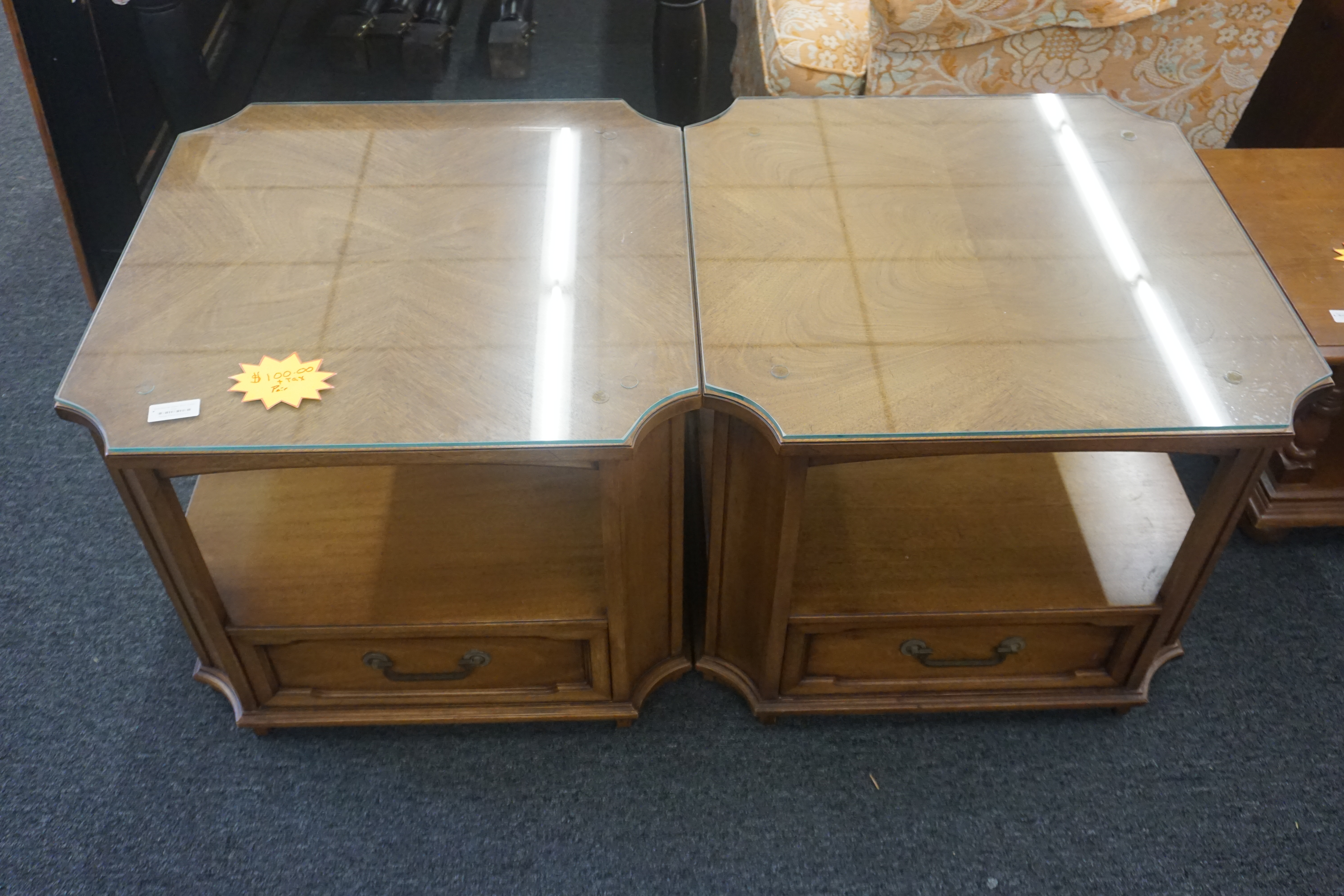 (image for) Side / End Table Pair with glass top 27" Long 27" Wide 22.5" Tall (7675)