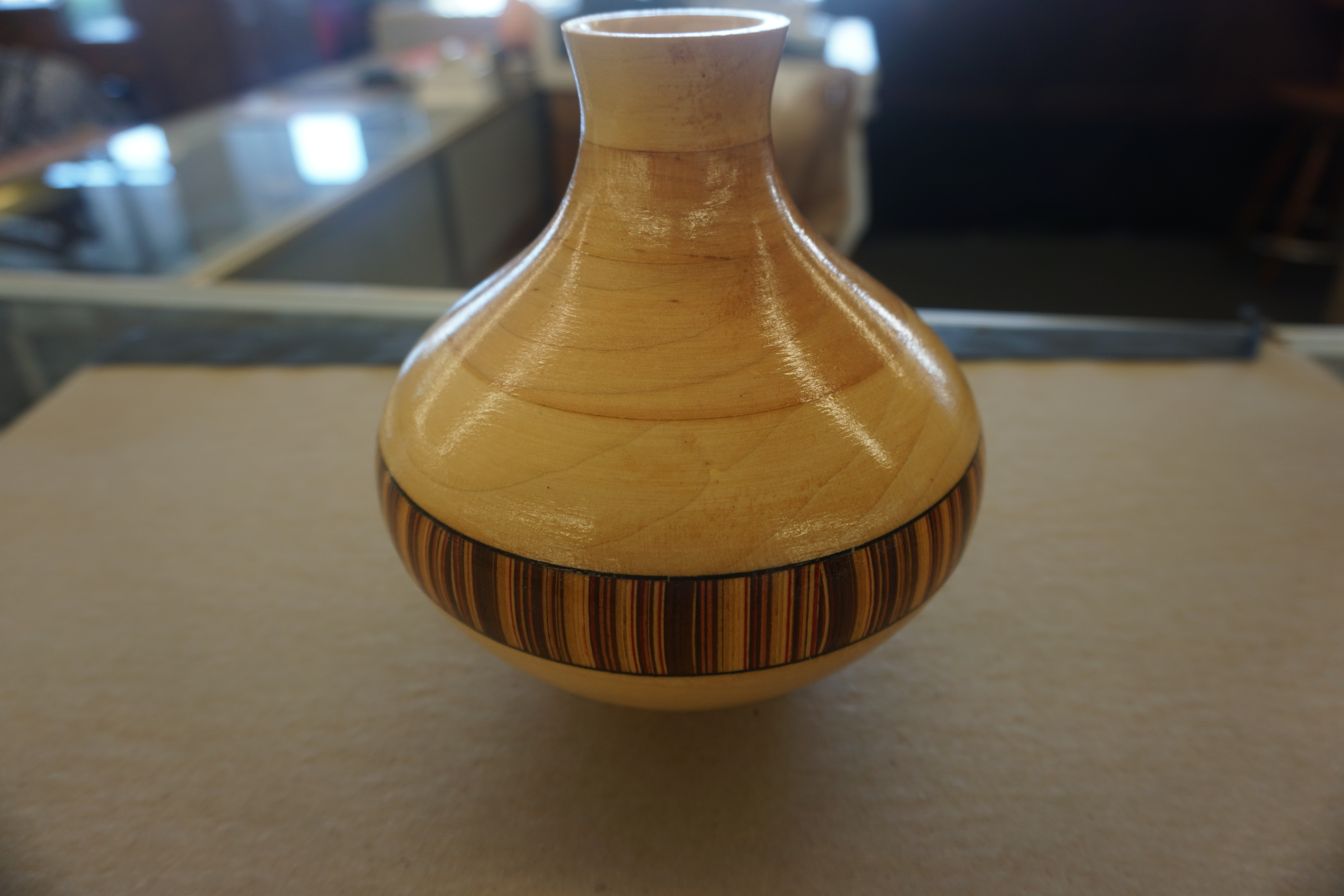 (image for) Wood Vase with Inlay made by and signed Harold L Harris 6.25" Tall 5.5" Round (2762)