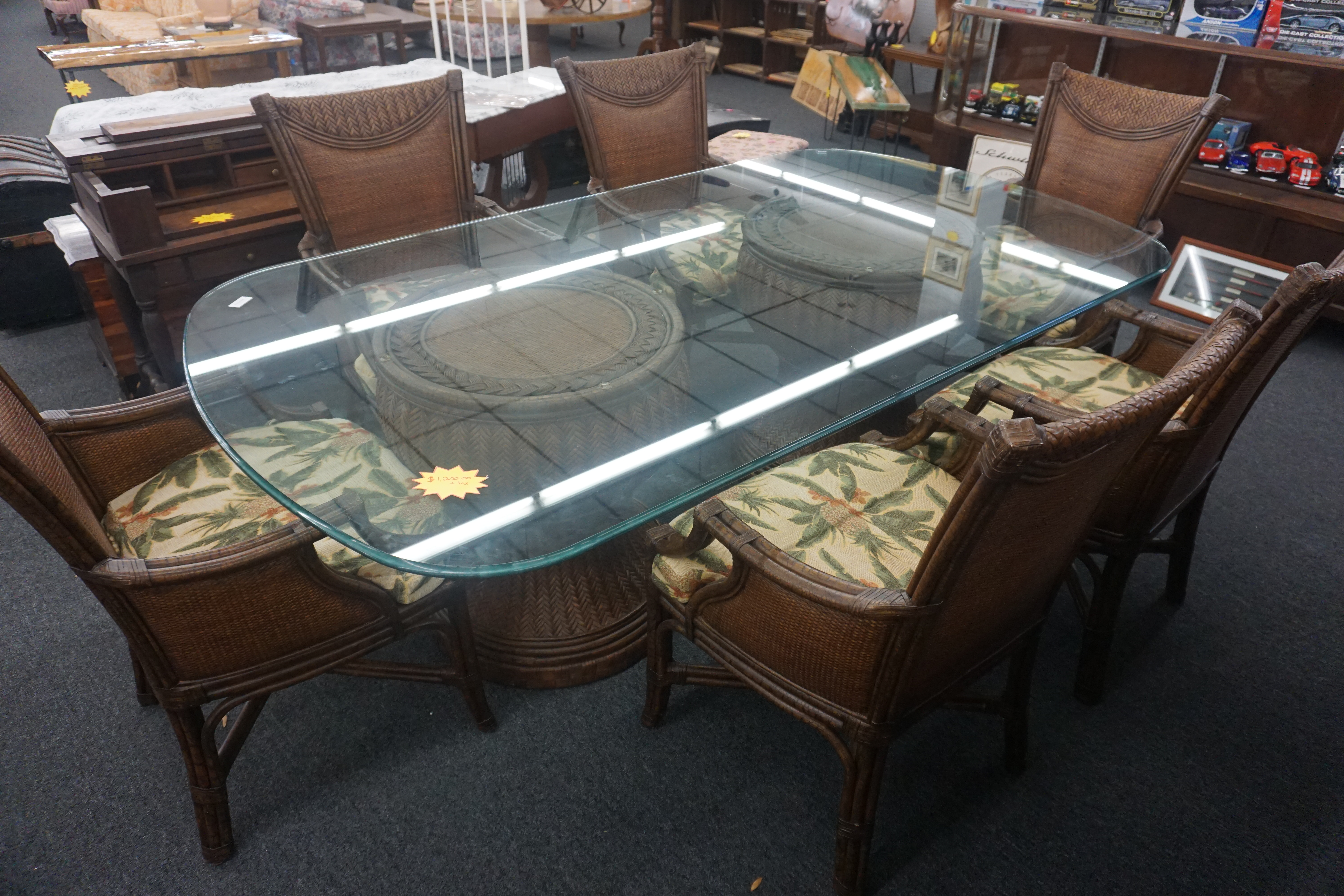 (image for) Large glass-topped dining room table with six chairs (8792)