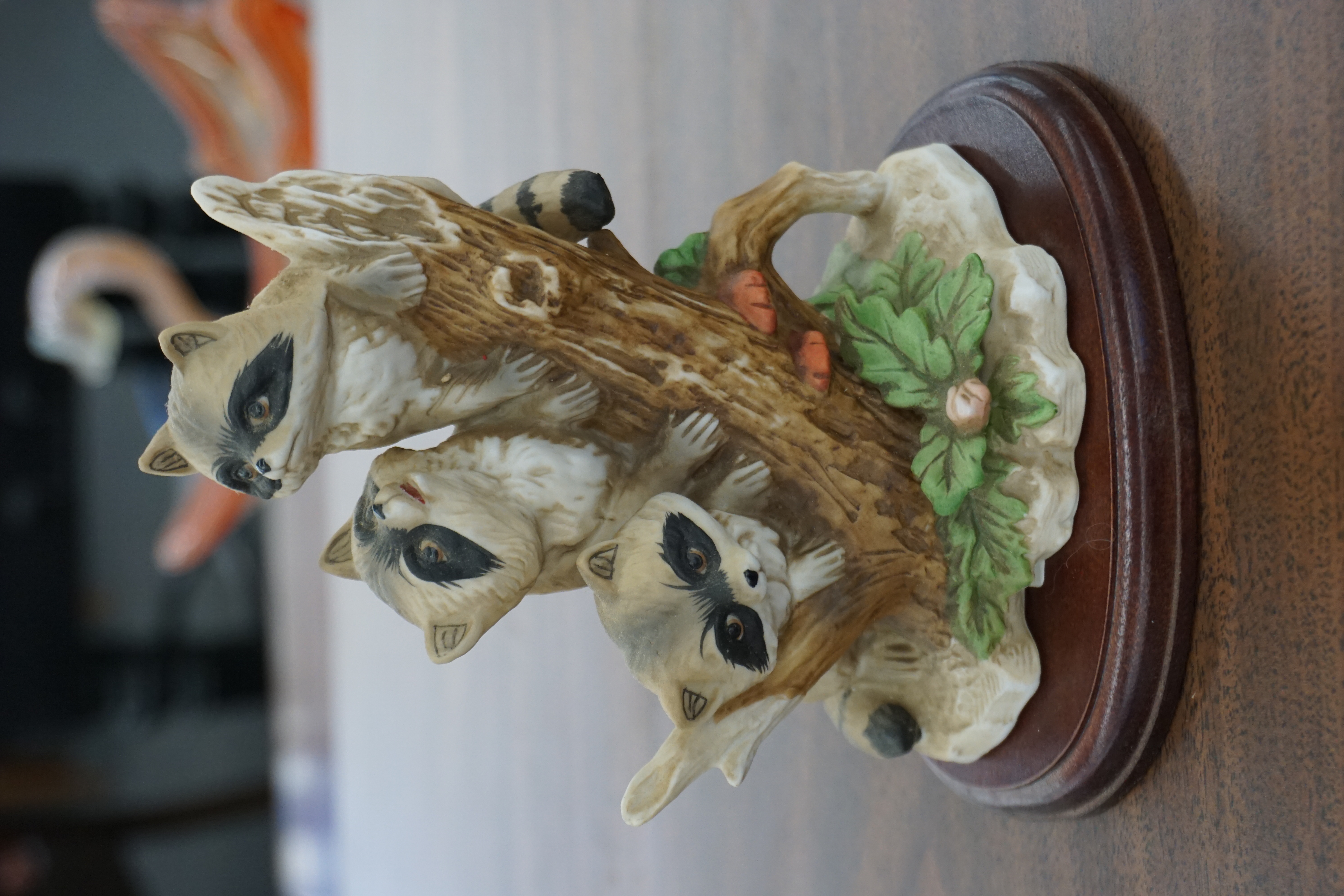 (image for) Vintage Homco Hand Painted Porcelain Ceramic Figurines Three Racoons 1433 with stand (9555)