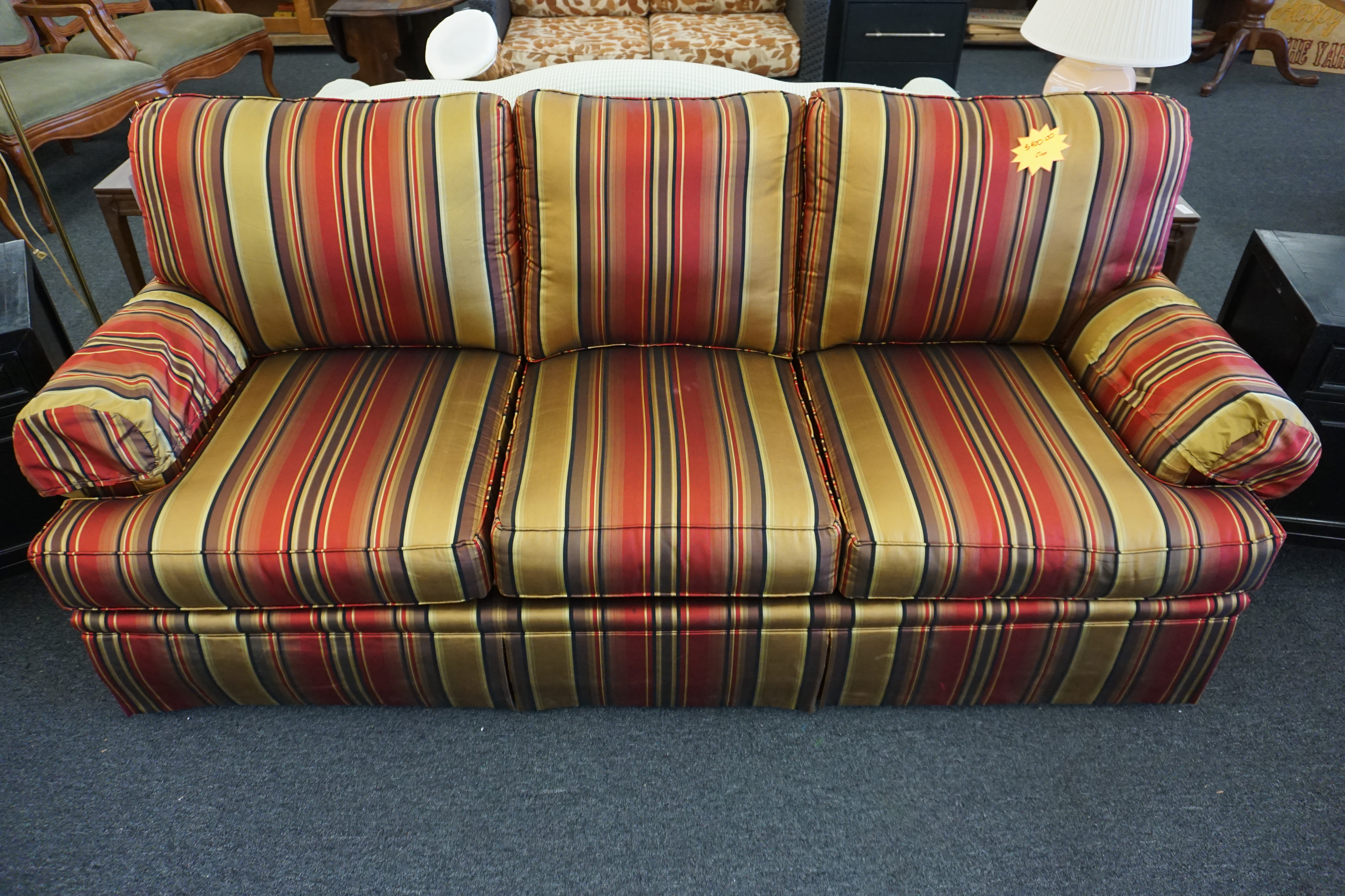 (image for) Burgandy and gold three-person couch by Vanguard Craftwork Company (9679)