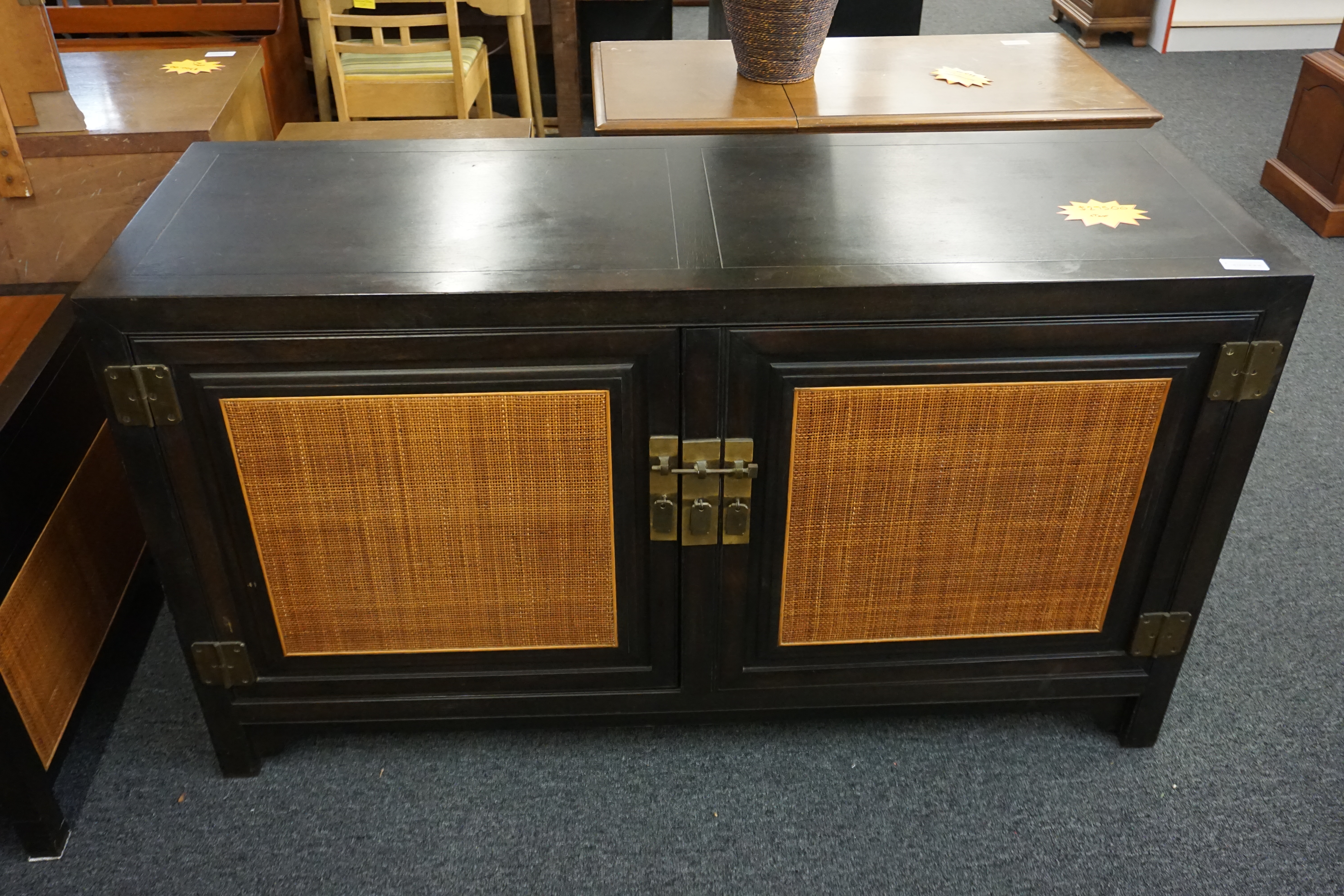 (image for) Asian style two-door black lacquer canned front buffet/ credenza by Baker Furniture (9670)