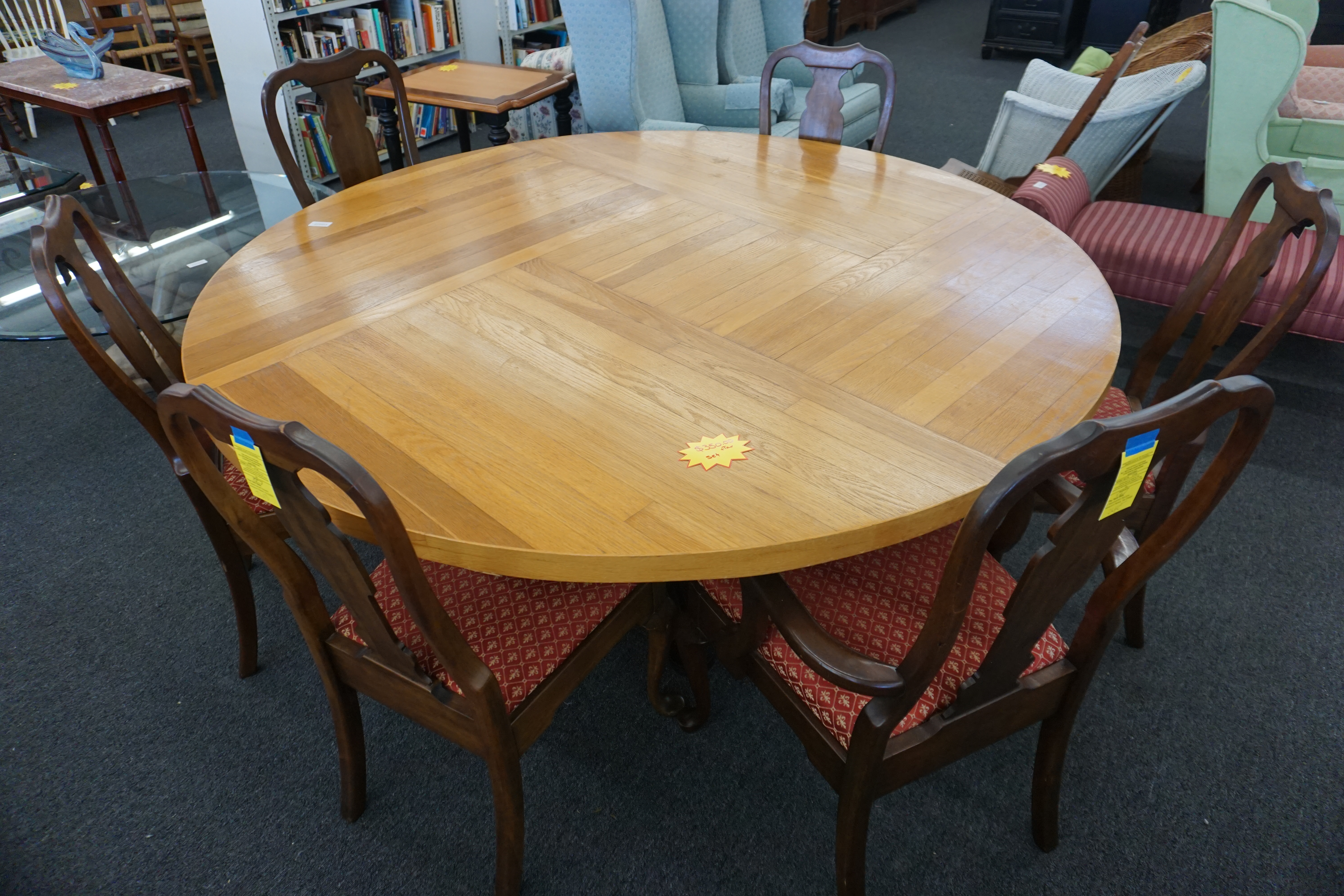 (image for) Large round wooden table with six chairs (9476)