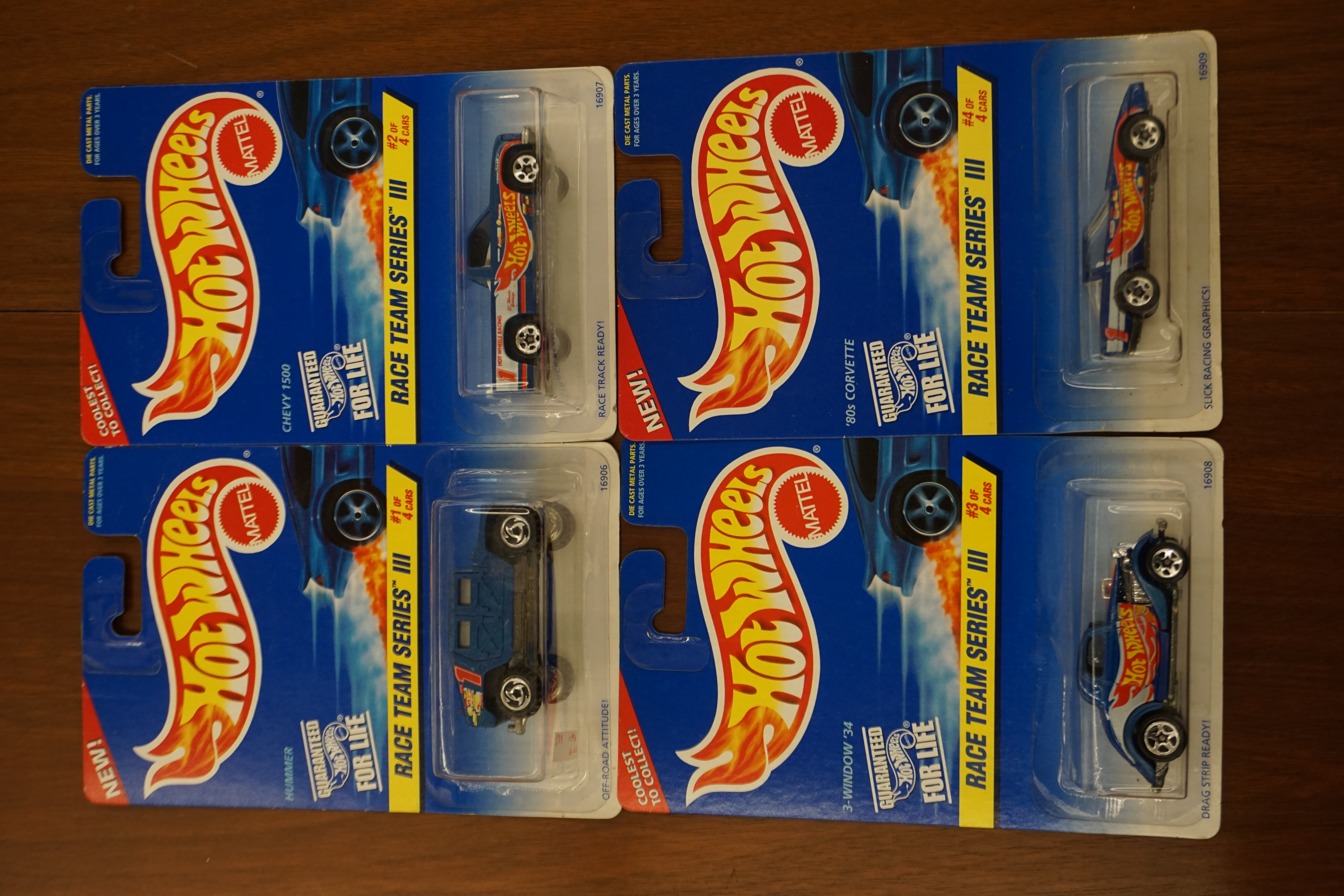 (image for) HotWheels 1996 Race Team Series III set of four new carded cars (4307)