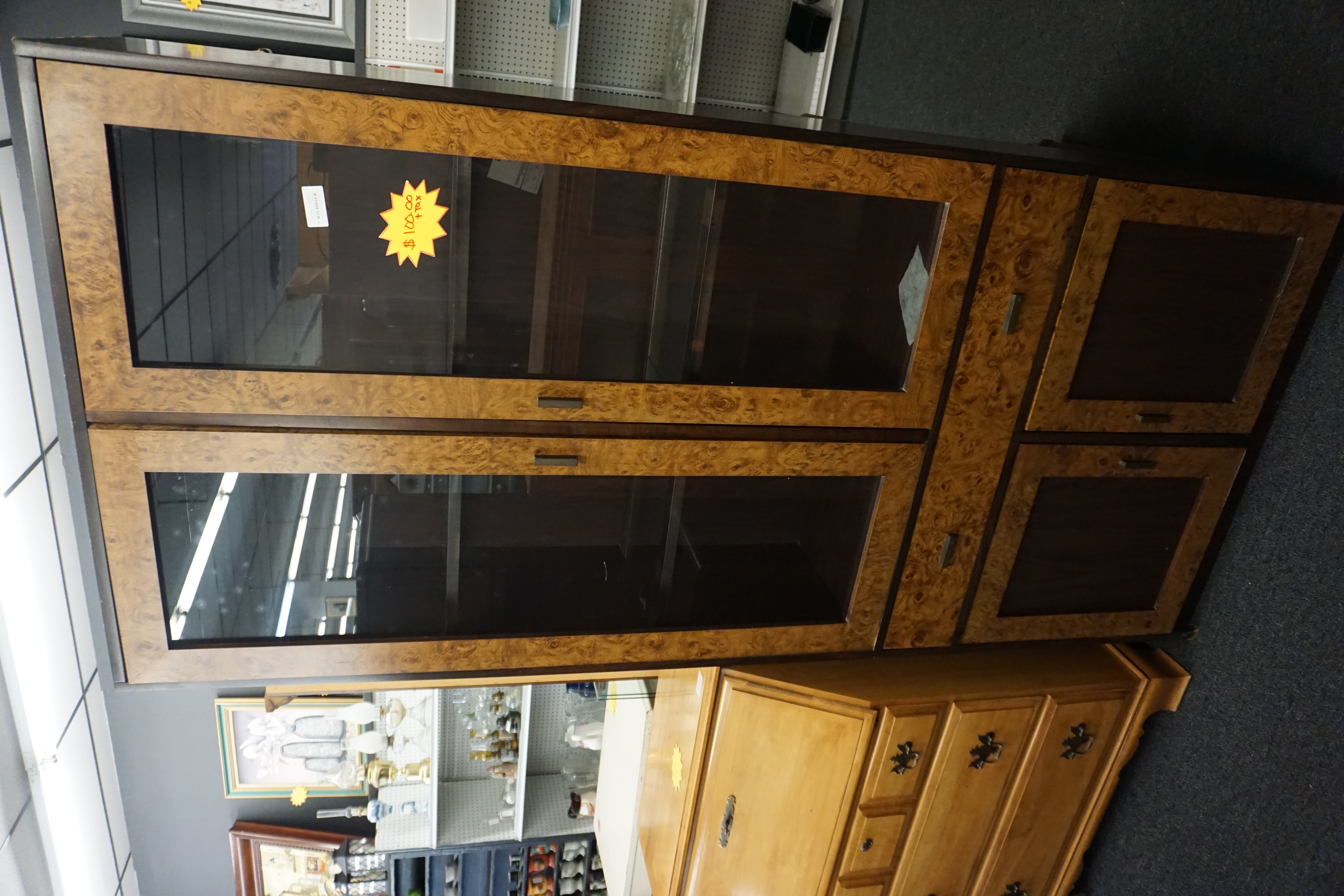 (image for) Burlwood Veneer curio cabinet with upper display area and lower cabinet (9468)