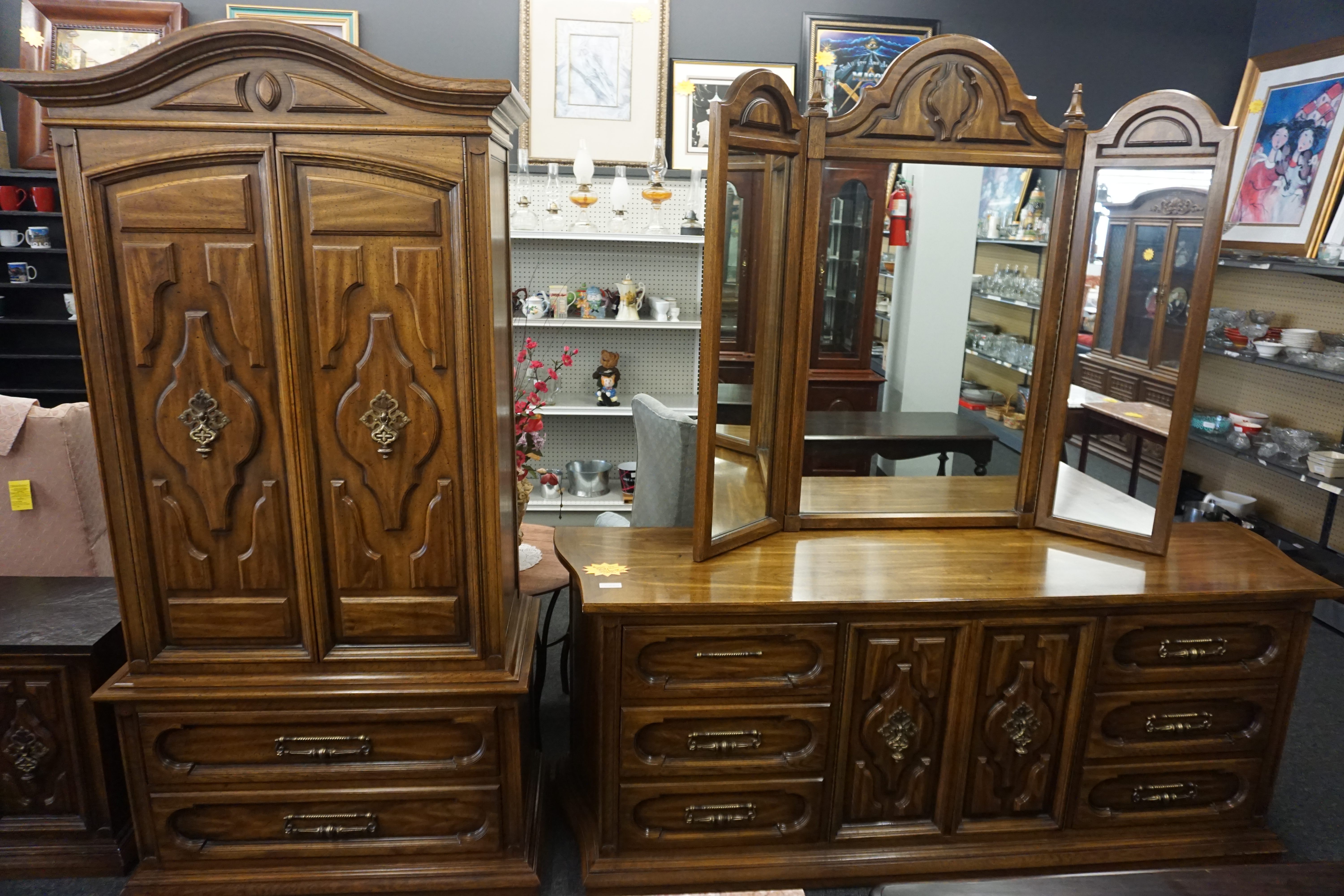 (image for) Bedroom set with wardrobe, long dresser with mirror, and two slate-topped side tables (10308)