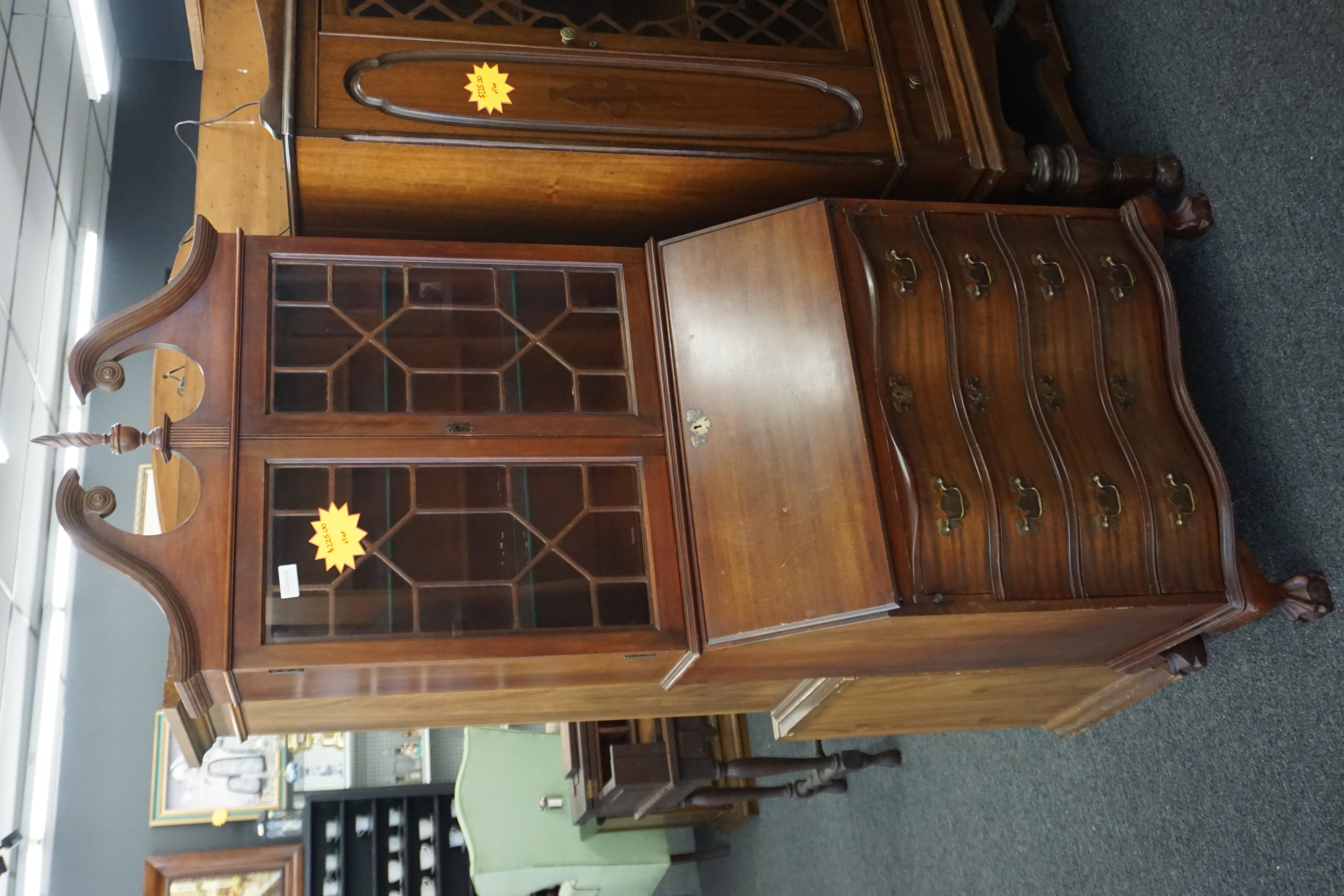 (image for) Wood Secetary Desk with Glass Cabinet Top and Key (10947)