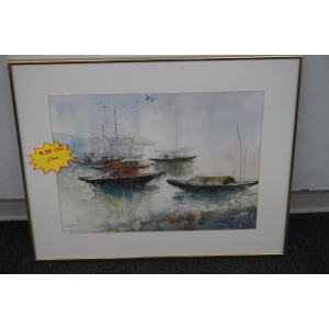 (image for) "Singapore River" framed, signed watercolor painting (9815)